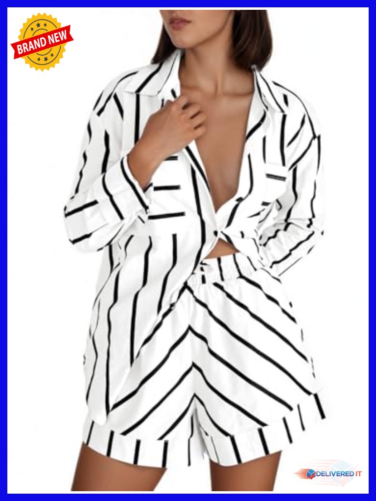 Women's Striped 2 Piece Button Down Shirt And Shorts Pajama Set Lounge Matching